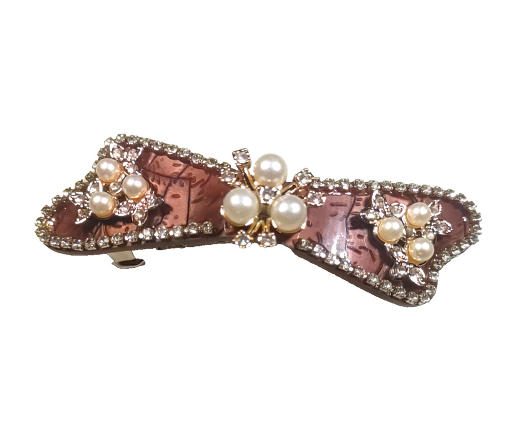 Hair Barrette Tension Clip Brown Faux Pearl Rhinestone Gold Tone Fancy Party